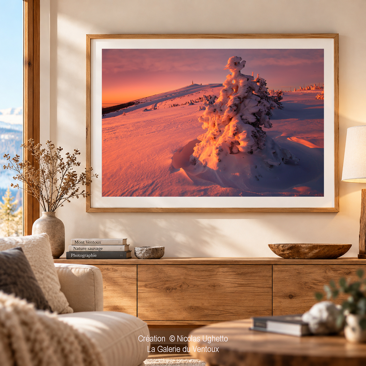 L'hiver en lumière, tirage d'art d'un arbre givré au soleil couchant sur le Mont Ventoux