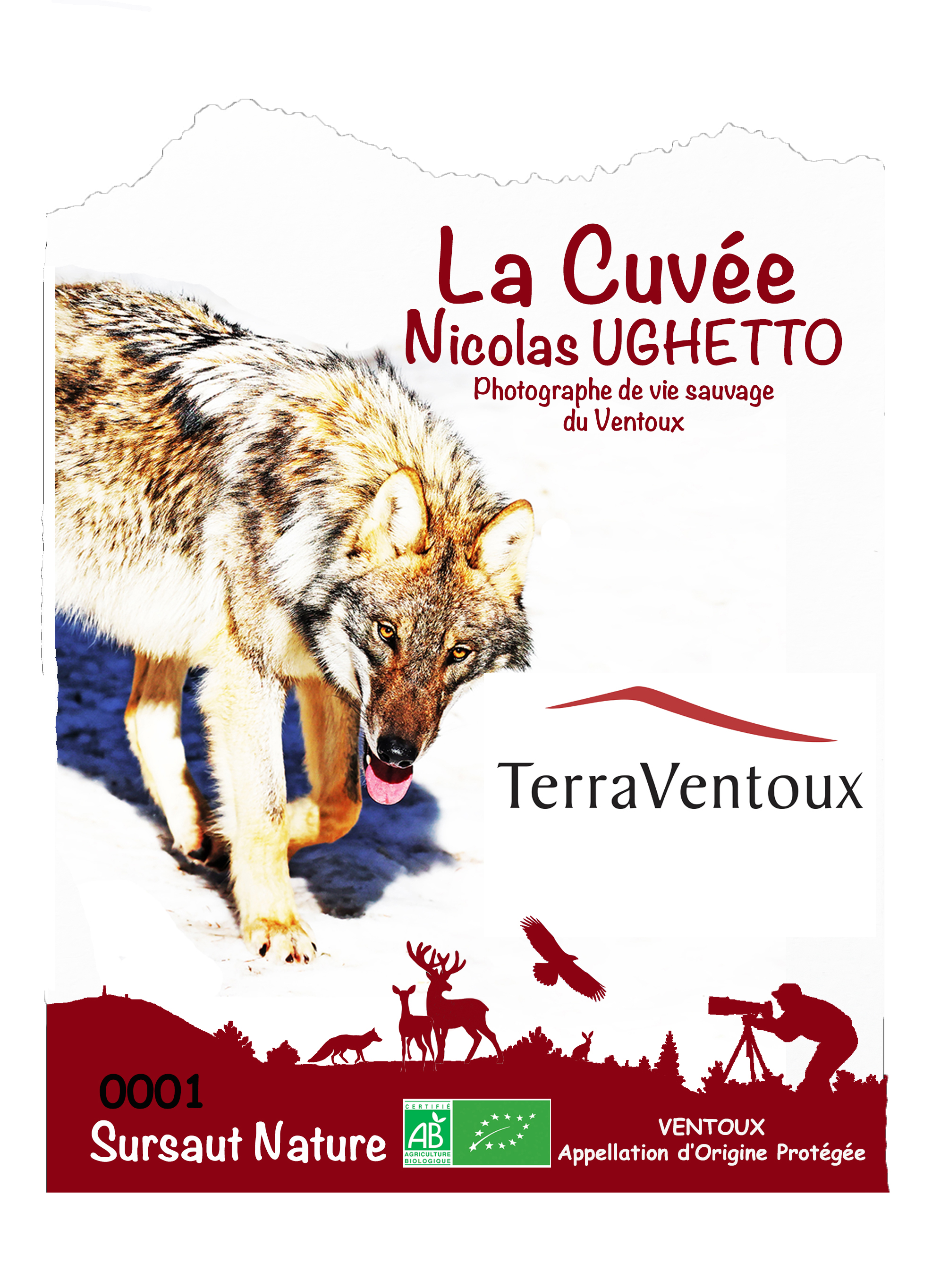 Étiquette originale de la Cuvée Nicolas Ughetto, illustrée d'un loup