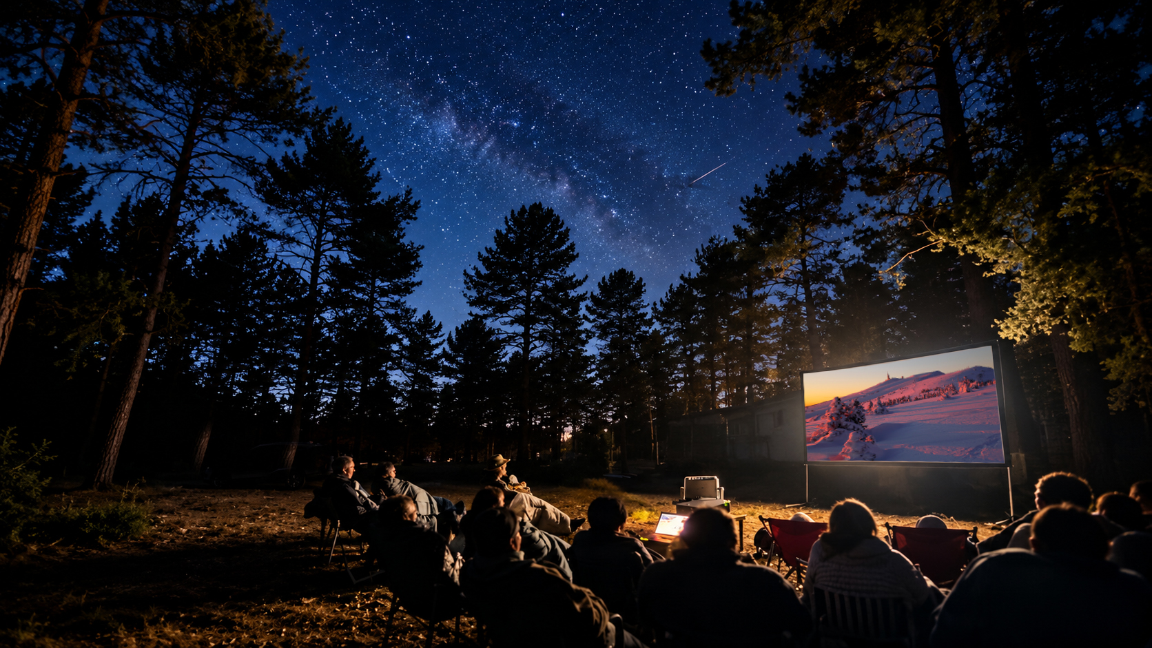 Projection privée d'un film animalier sous un ciel étoilé